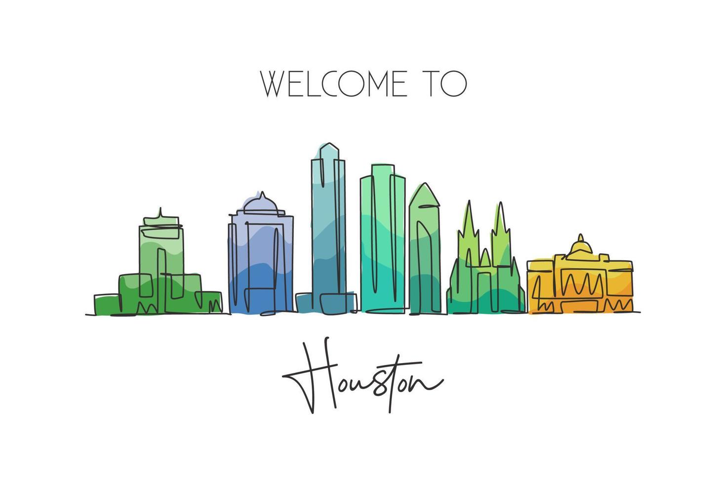 One continuous line drawing Houston city skyline, United States of America. Beautiful landmark. World famous city landscape poster. Editable stylish stroke single line draw design vector illustration