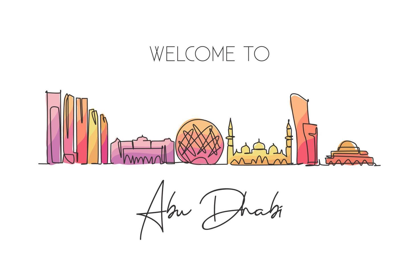 One continuous line drawing of Abu Dhabi city skyline, United Arab Emirates. Beautiful city landmark. World landscape tourism and travel . Editable stroke single line draw design vector illustration