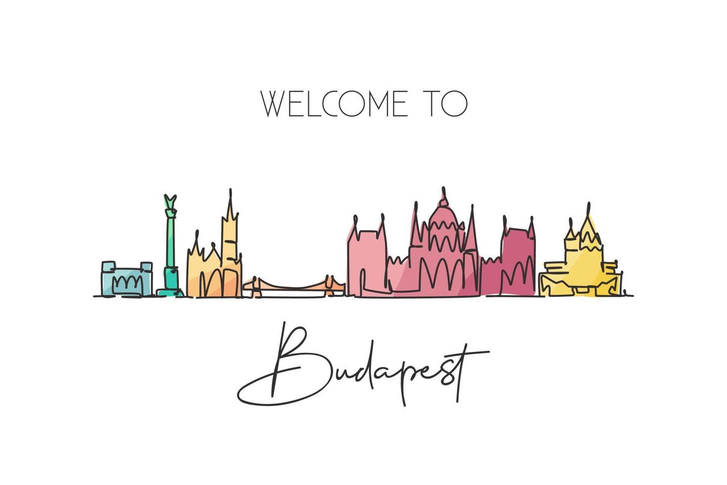 One continuous line drawing of Budapest city skyline, Hungary. Beautiful landmark postcard. World landscape tourism travel vacation. Editable stylish stroke single line draw design vector illustration