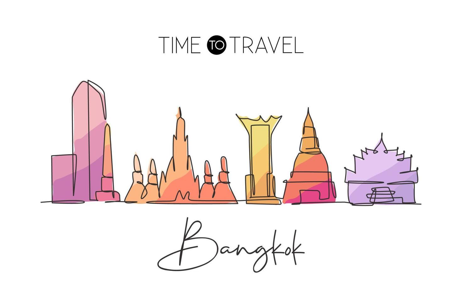 un dibujo de una sola línea del horizonte de la ciudad de bangkok, tailandia. paisaje histórico de la ciudad. Mejor destino de vacaciones, decoración del hogar, póster de arte de pared impreso. ilustración de vector de diseño de dibujo de línea continua de moda