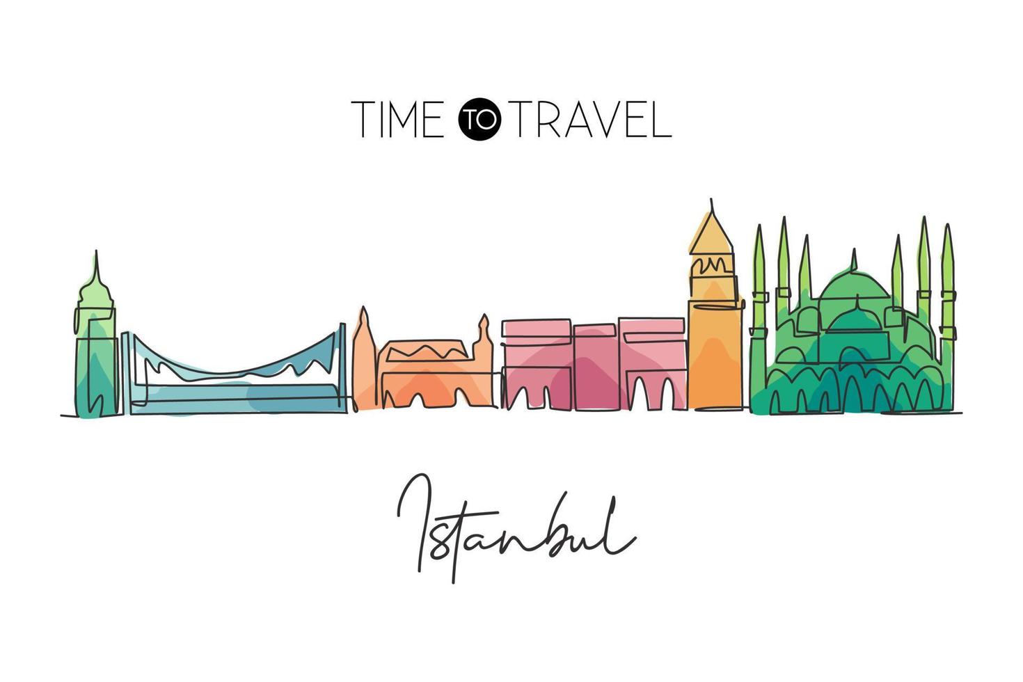 One continuous line drawing of Istanbul city skyline, Turkey. Beautiful landmark. World landscape tourism travel vacation poster. Editable stylish stroke single line draw design vector illustration