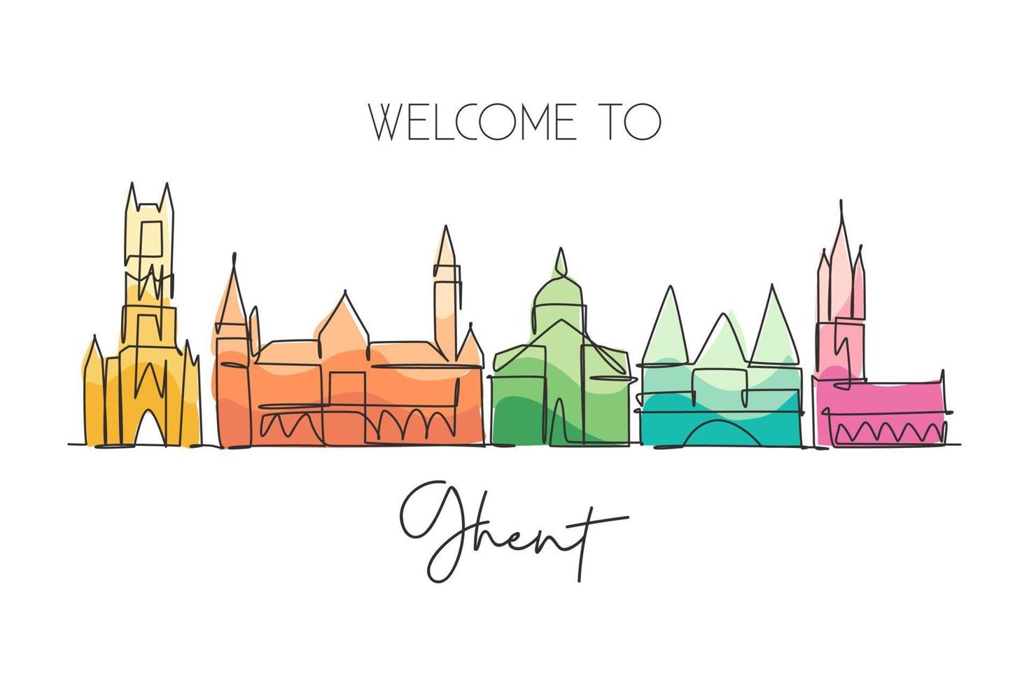 One single line drawing of Ghent city skyline, Belgium. Historical skyscraper landscape in world. Best holiday destination wall decor poster art. Trendy continuous line draw design vector illustration