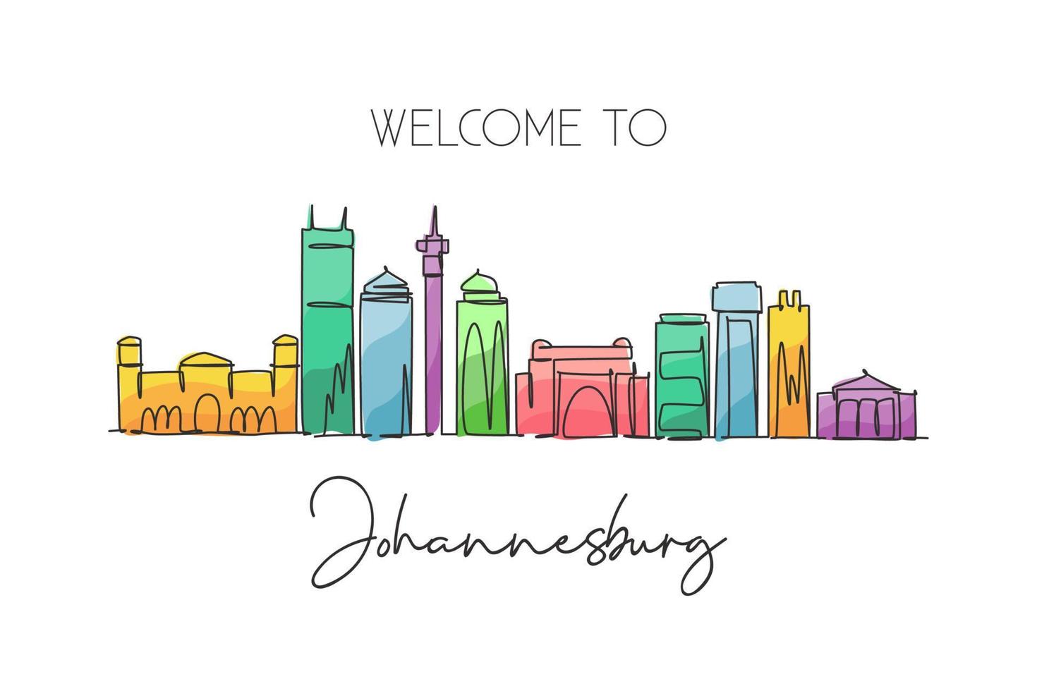 One continuous line drawing of Johannesburg city skyline, South Africa. Beautiful landmark wall decor poster print. World landscape tourism travel. Stylish single line draw design vector illustration