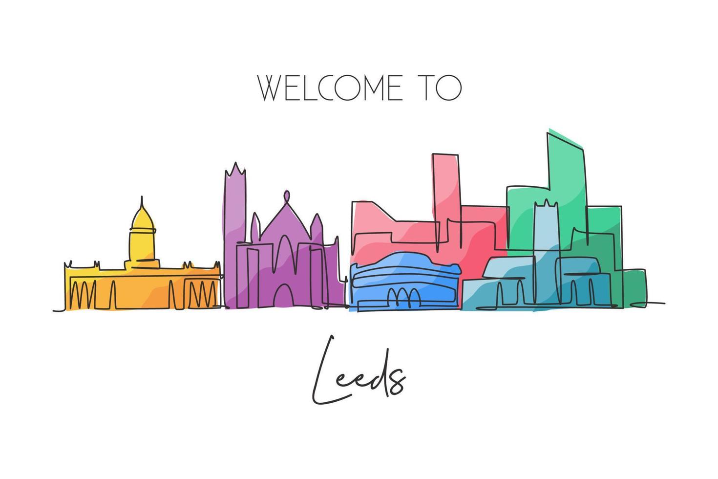 dibujo de una sola línea continua del horizonte de la ciudad de leeds. famoso paisaje de rascacielos de la ciudad. concepto de impresión de póster de arte de pared de decoración del hogar de la campaña de viajes mundiales. Ilustración de vector de diseño de dibujo de una línea moderna