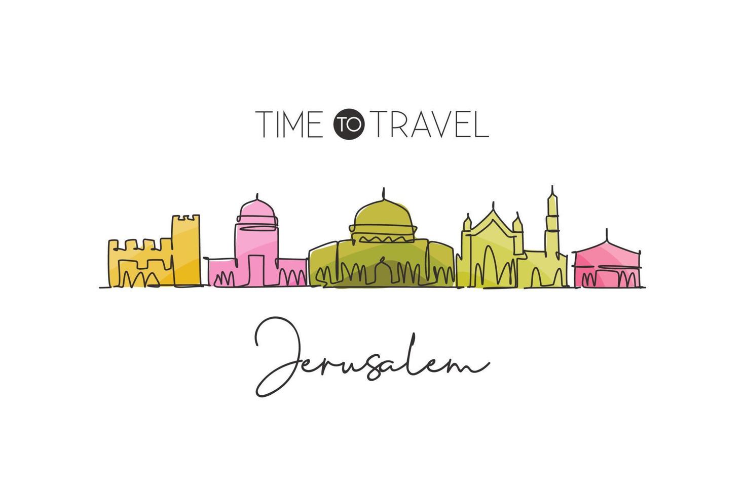 Single continuous line drawing of Jerusalem skyline, Palestine. Famous city scraper landscape. World travel concept home decor wall art poster print. Modern one line draw design vector illustration