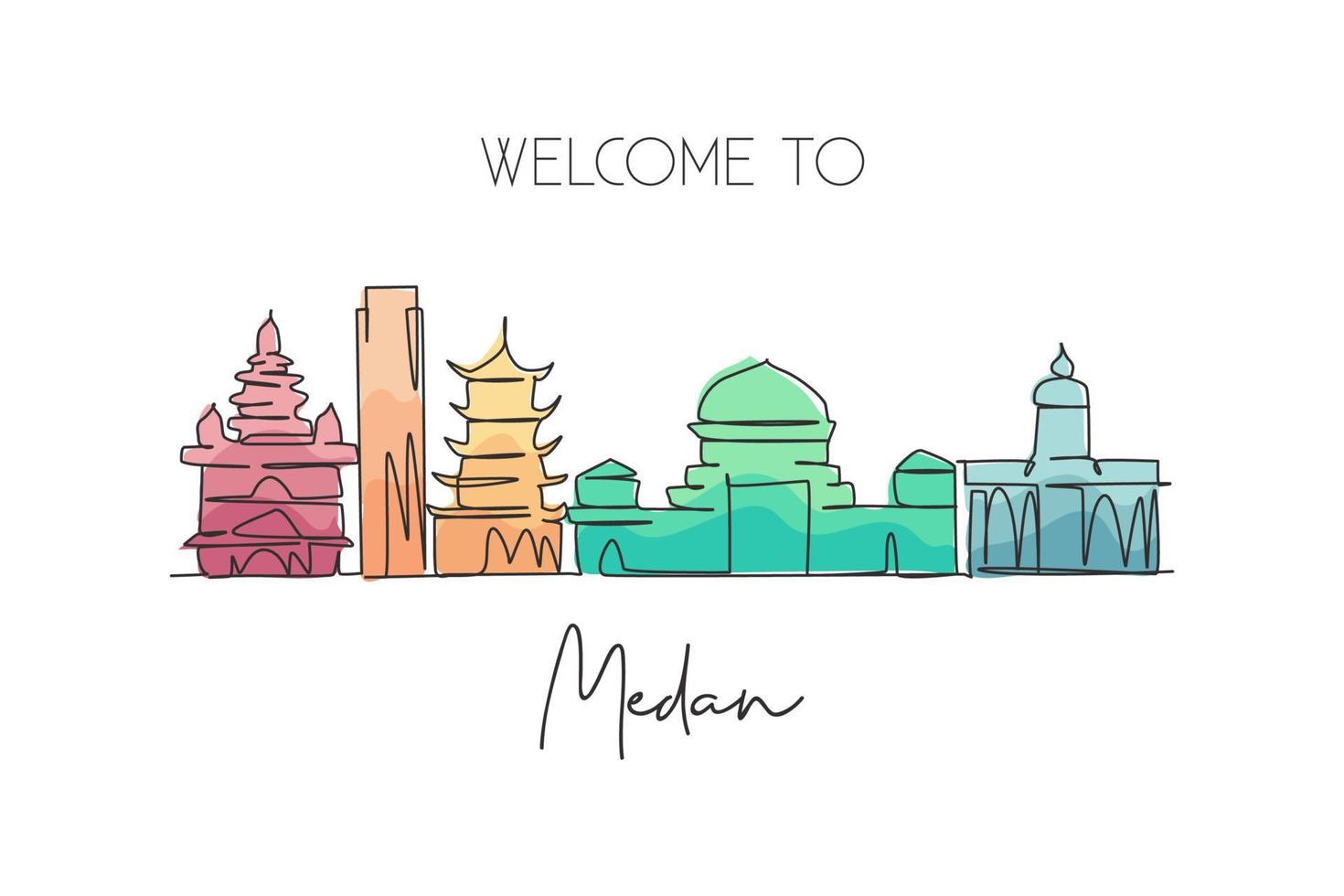 Single continuous line drawing of Medan city skyline, Indonesia. Famous city scraper and landscape postcard print. World travel concept. Editable stroke modern one line draw design vector illustration