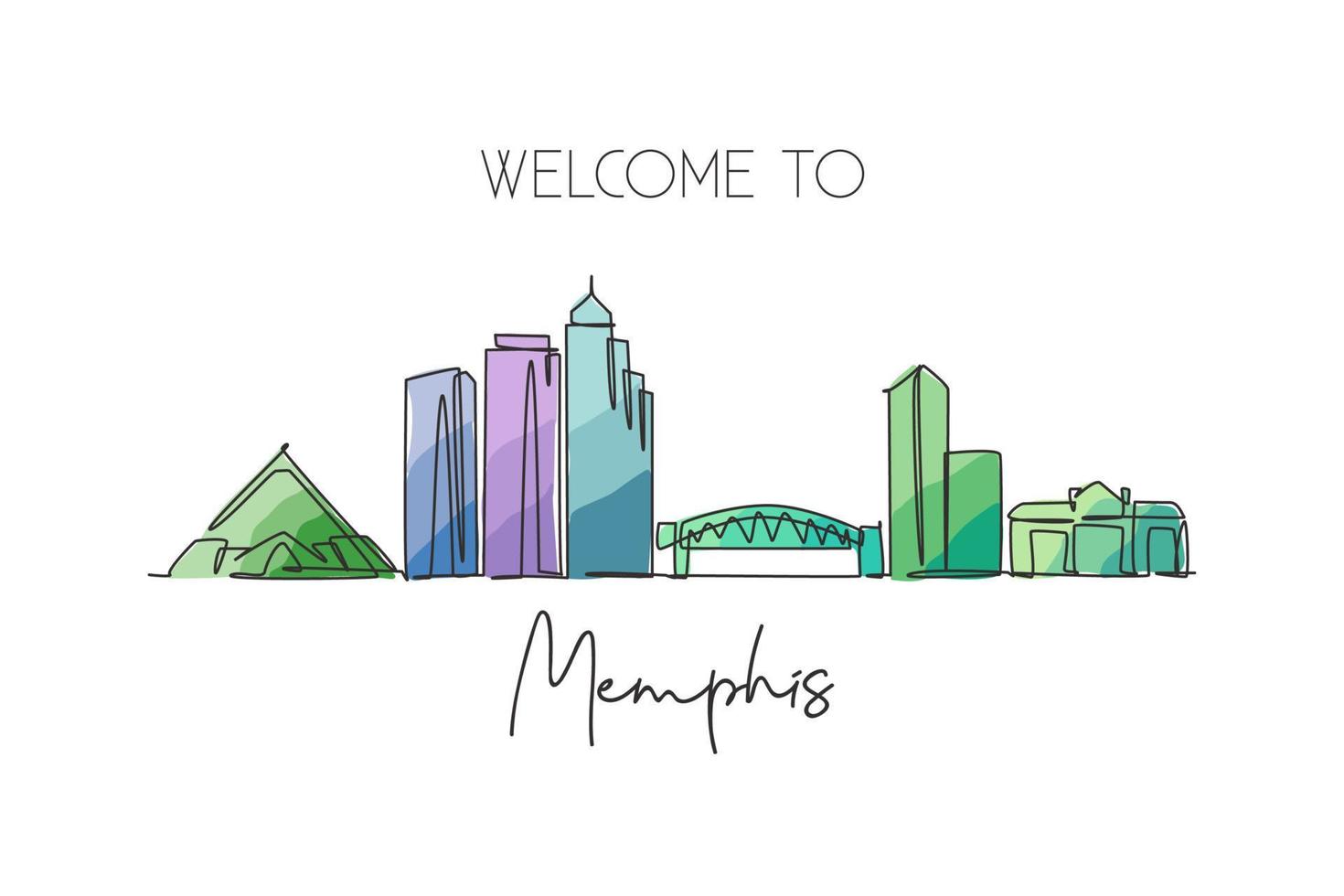 Single continuous line drawing of Memphis city skyline, USA. Famous city scraper and landscape. World travel concept home wall decor poster print art. Modern one line draw design vector illustration