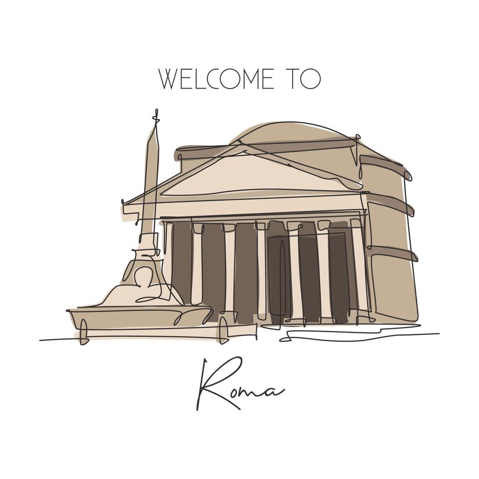 One single line drawing Pantheon landmark. Iconic ancient temple in Rome Italy. Tourism travel postcard home wall decor art poster print concept. Trendy continuous line draw design vector illustration