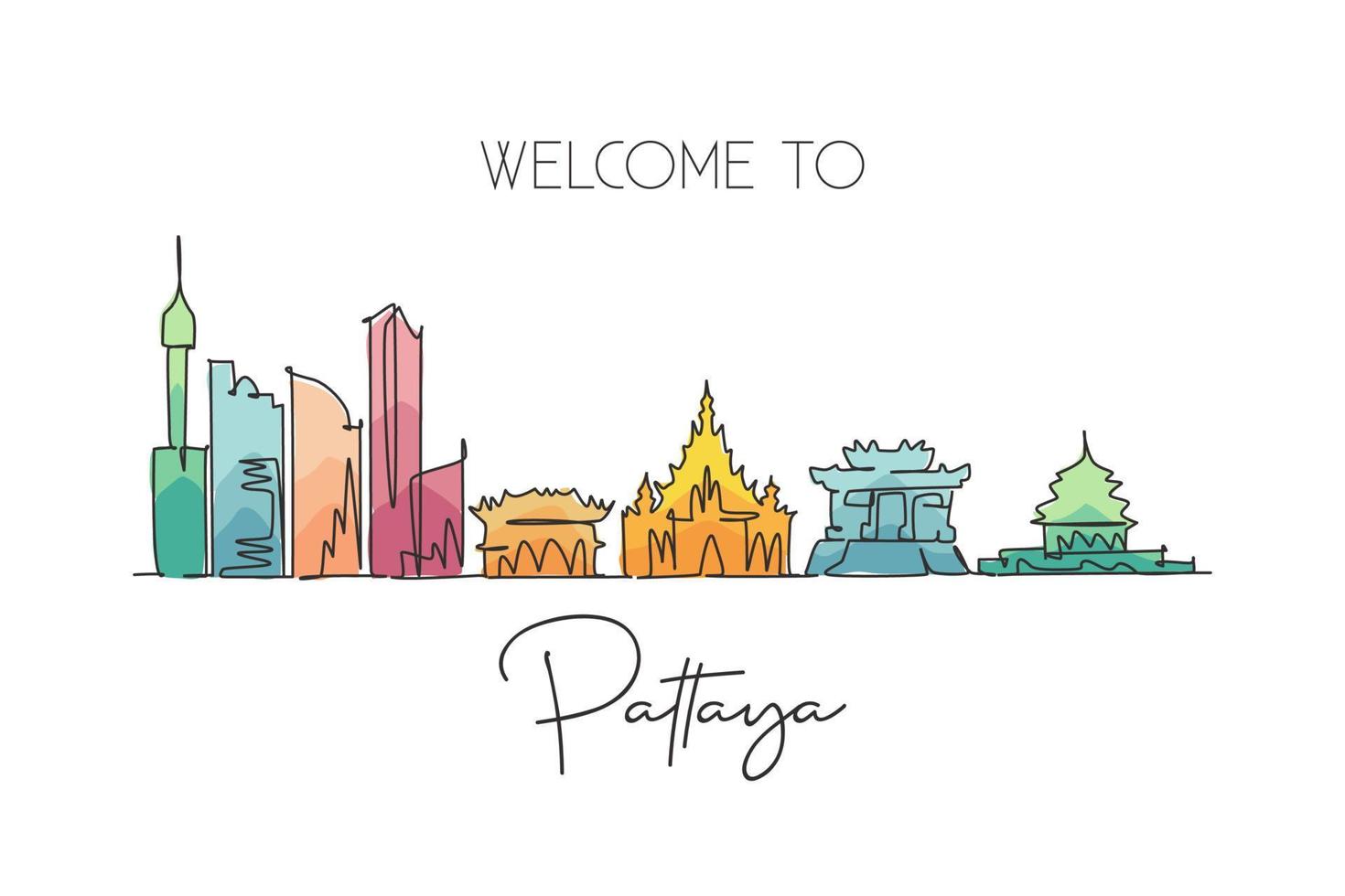 Single continuous line drawing of Pattaya skyline, Thailand. Famous city scraper landscape postcard. World travel destination concept. Editable stroke modern one line draw design vector illustration