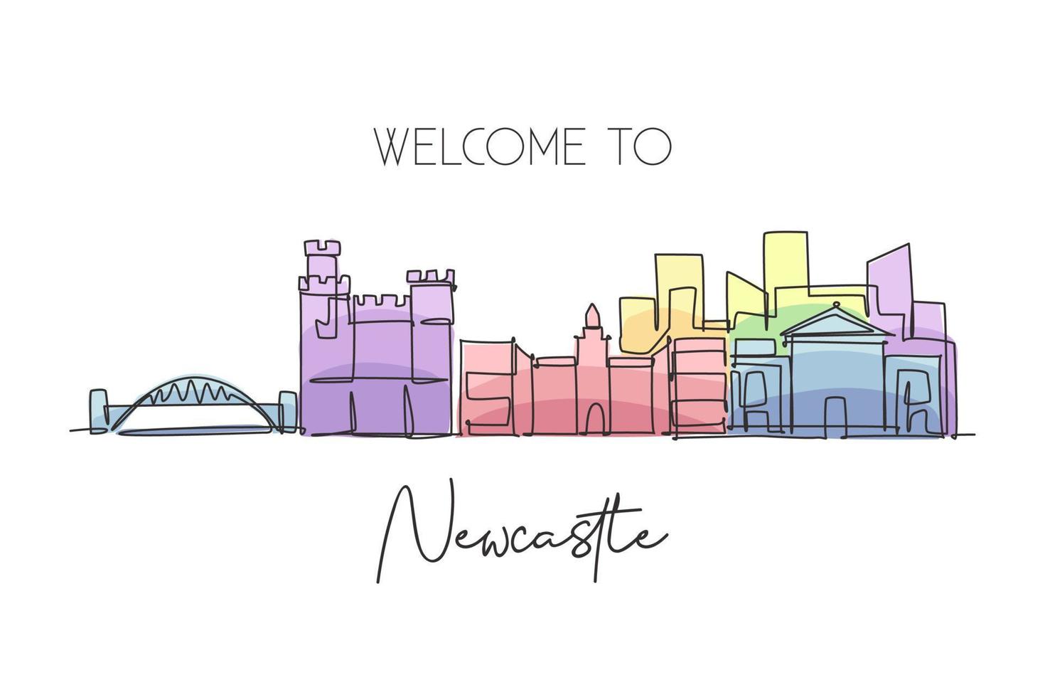 un dibujo de línea continua del horizonte de la ciudad de Newcastle. hermosa ciudad rascacielos mundo paisaje turismo viajes vacaciones hogar pared decoración cartel arte concepto. ilustración de vector de diseño de dibujo de una sola línea