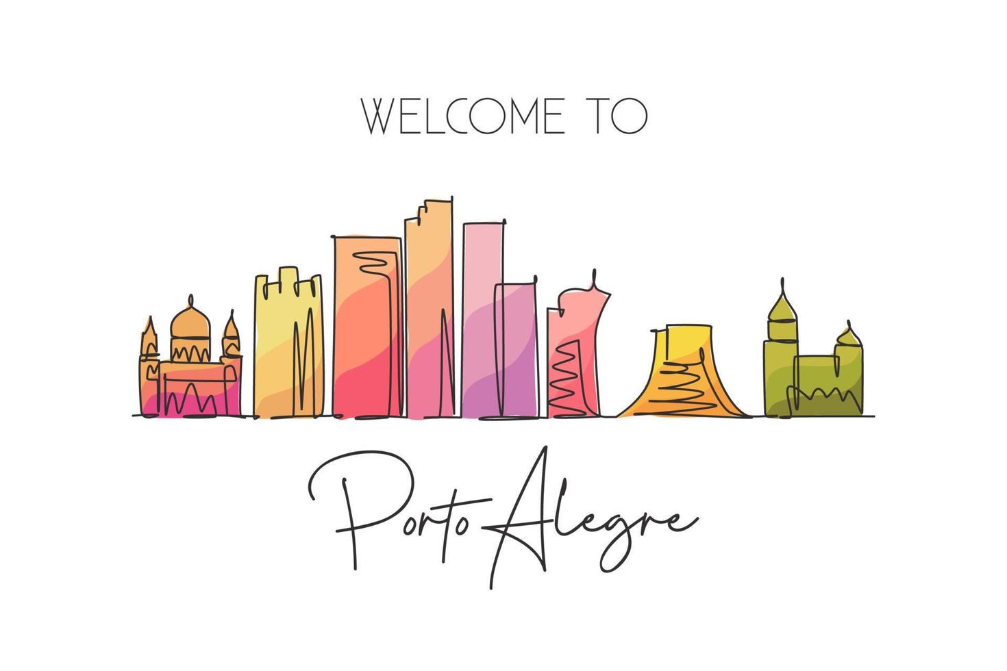 Single continuous line drawing of Porto Alegre city skyline, Brazil. Famous city scraper landscape. World travel destination concept. Editable stroke modern one line draw design vector illustration