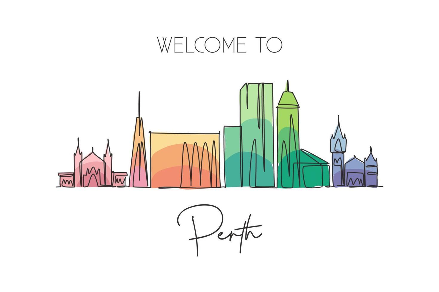 One single line drawing of Perth city skyline, Australia. Historical town landscape. Best holiday destination home decor wall art poster print. Trendy continuous line draw design vector illustration