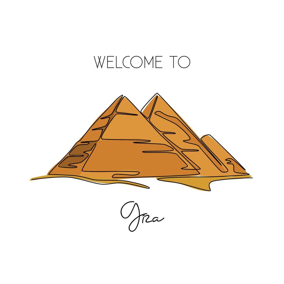 Single one line drawing Pyramid. Beauty historical iconic place in Giza, Egypt. Tourism and travel postcard and home decor wall art poster print. Modern continuous line draw design vector illustration