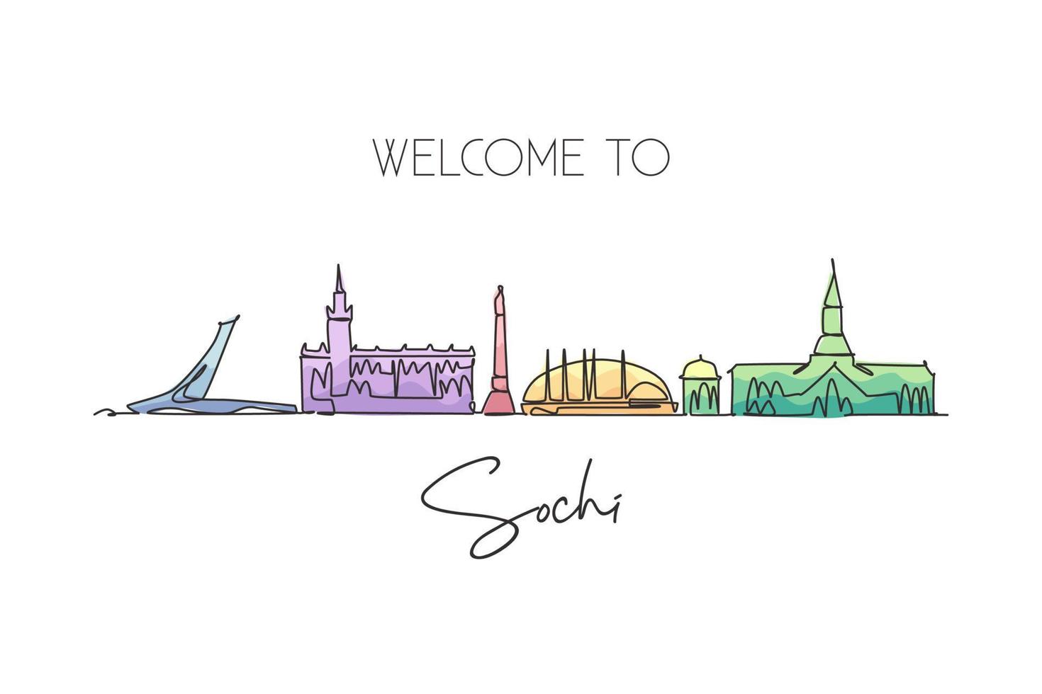 Single continuous line drawing Sochi skyline, Russia. Famous city scraper landscape home wall decor poster print art. World travel destination concept. Modern one line draw design vector illustration