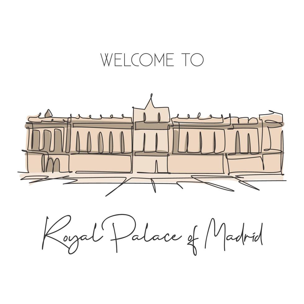 Single continuous line drawing Royal Palace of Madrid landmark. Beautiful famous place in Madrid Spain. World travel home wall decor poster art concept. Simple one line draw design vector illustration