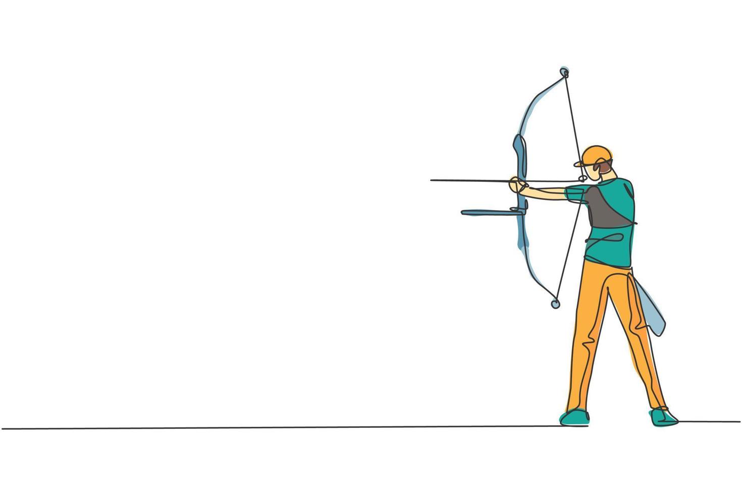 One single line drawing of young archer man focus exercising archery to hit the target vector graphic illustration. Healthy refresh shooting with bow sport concept. Modern continuous line draw design