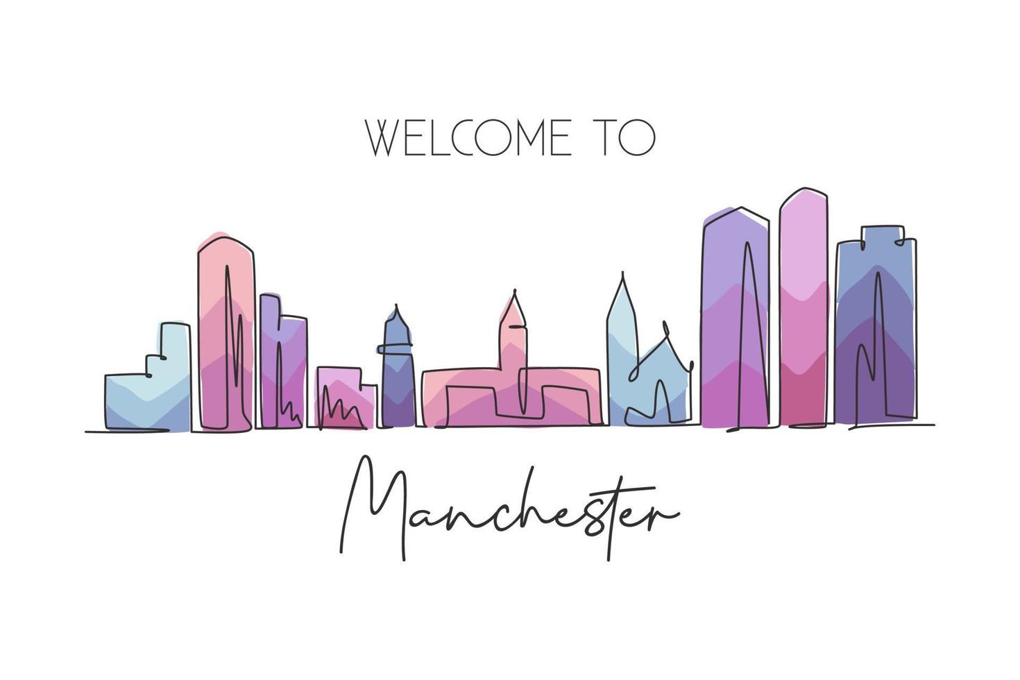 One single line drawing Manchester city skyline, New Hampshire. World historic town landscape. Best holiday destination postcard. Editable stroke trendy continuous line draw design vector illustration