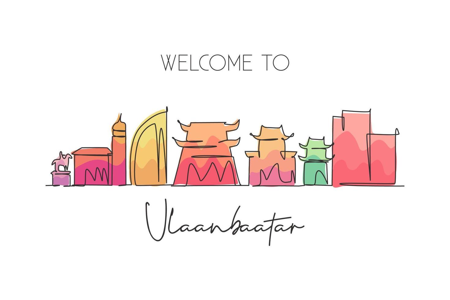 One single line drawing of Ulaanbaatar city skyline, Mongolia. Historical town landscape in the world. Best holiday destination. Editable stroke trendy continuous line draw design vector illustration