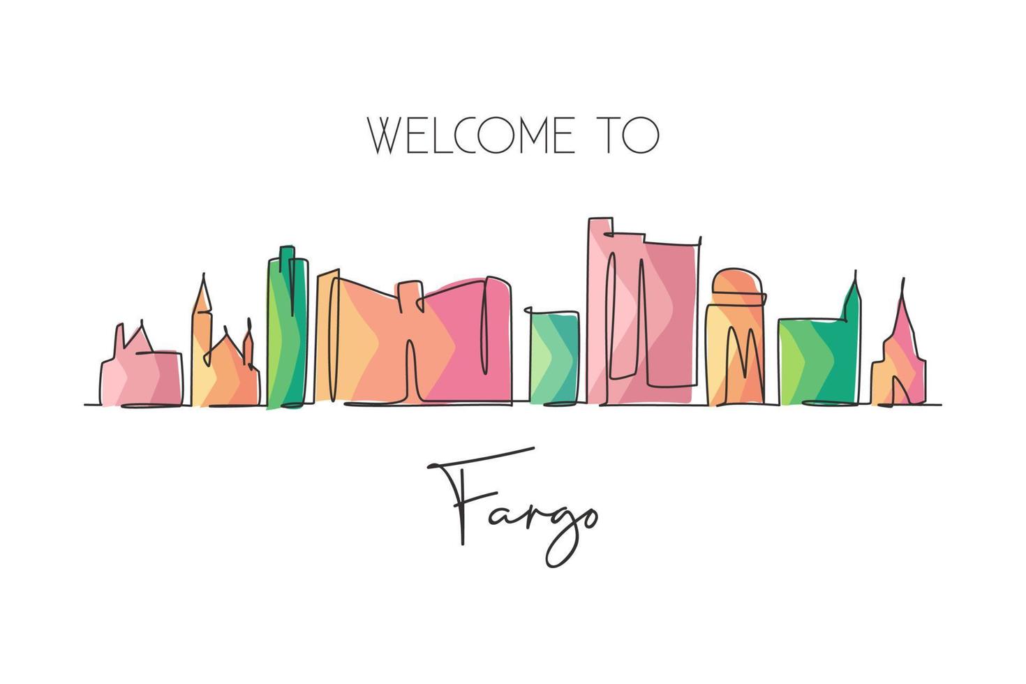 One single line drawing Fargo city skyline, North Dakota. World historical town landscape postcard. Best holiday destination. Editable stroke trendy continuous line draw design vector illustration