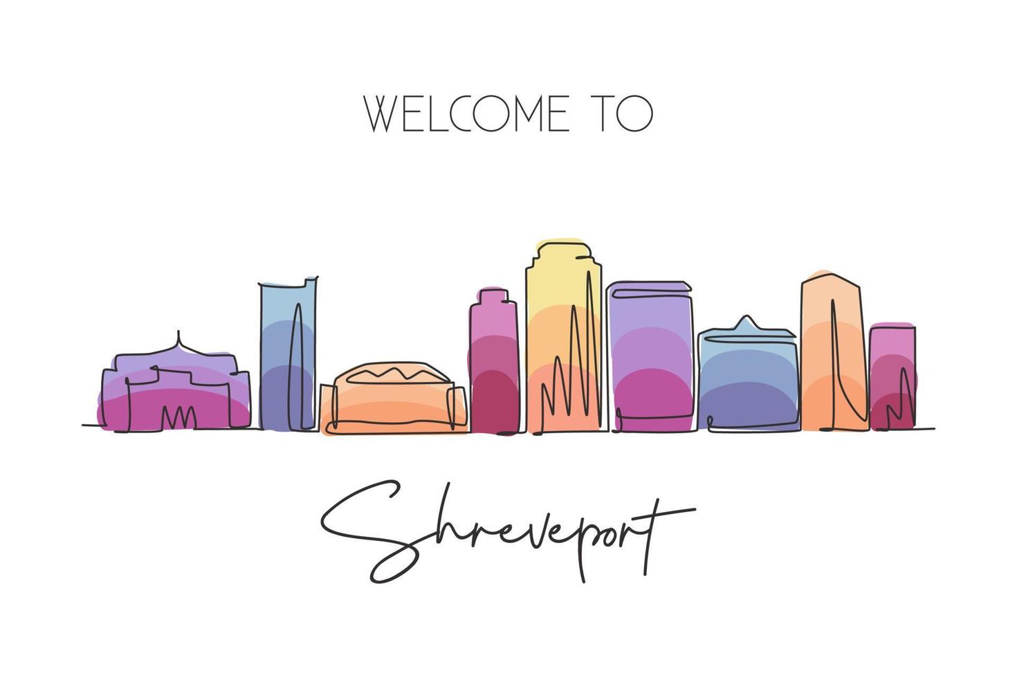 One single line drawing Shreveport city skyline, Louisiana. World historical town landscape. Best holiday destination postcard. Editable stroke trendy continuous line draw design vector illustration