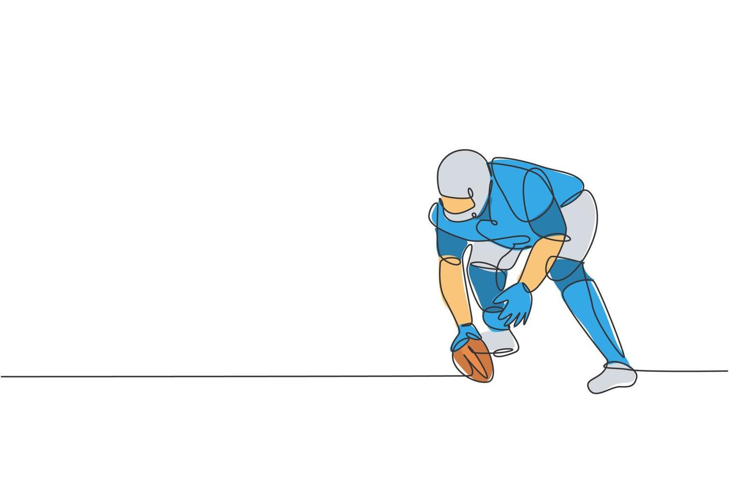 One continuous line drawing of sporty american football player stance to pass the ball to his team for competition poster. Sport teamwork concept. Dynamic single line draw design vector illustration
