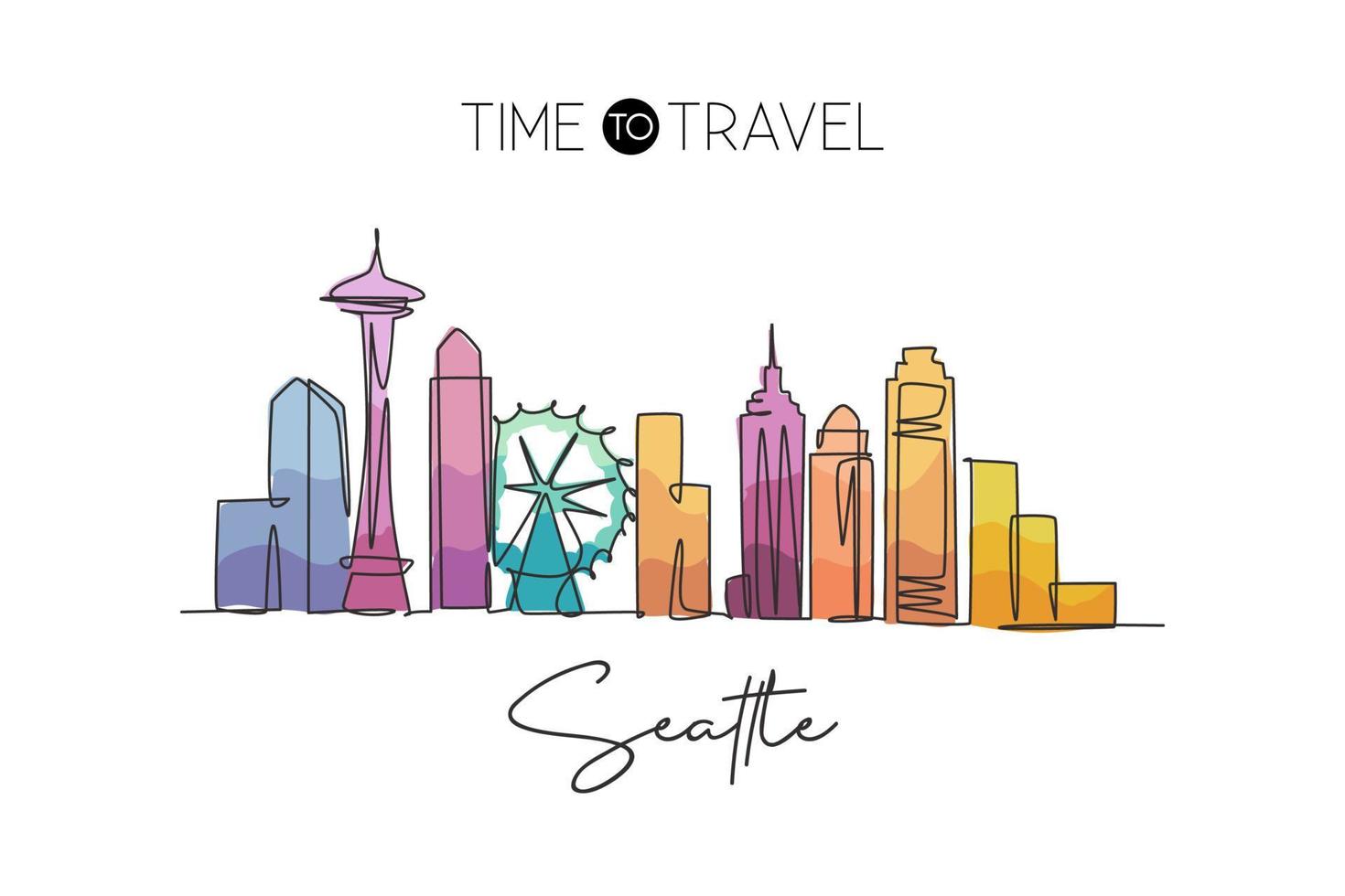 One continuous line drawing of Seattle city skyline, United States. Beautiful landmark. World landscape tourism and travel vacation. Editable stylish stroke single line draw design vector illustration