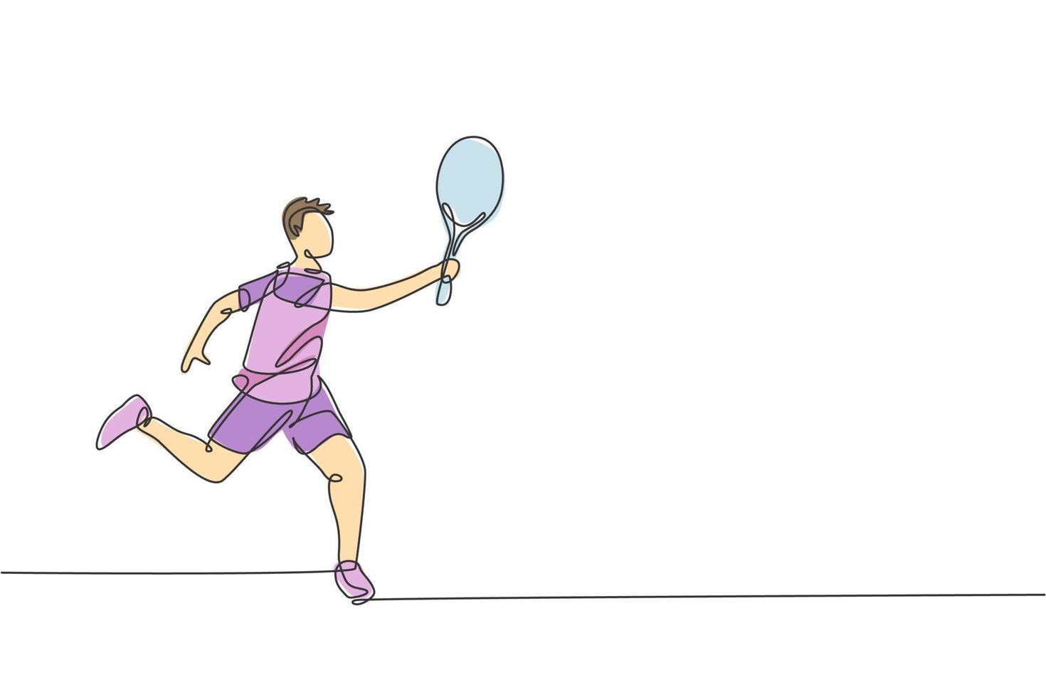 dibujo de una sola línea continua de un joven jugador de tenis ágil defendiendo y sosteniendo la pelota. concepto de ejercicio deportivo. ilustración de vector de diseño de dibujo de una línea de moda para medios de promoción de torneos de tenis