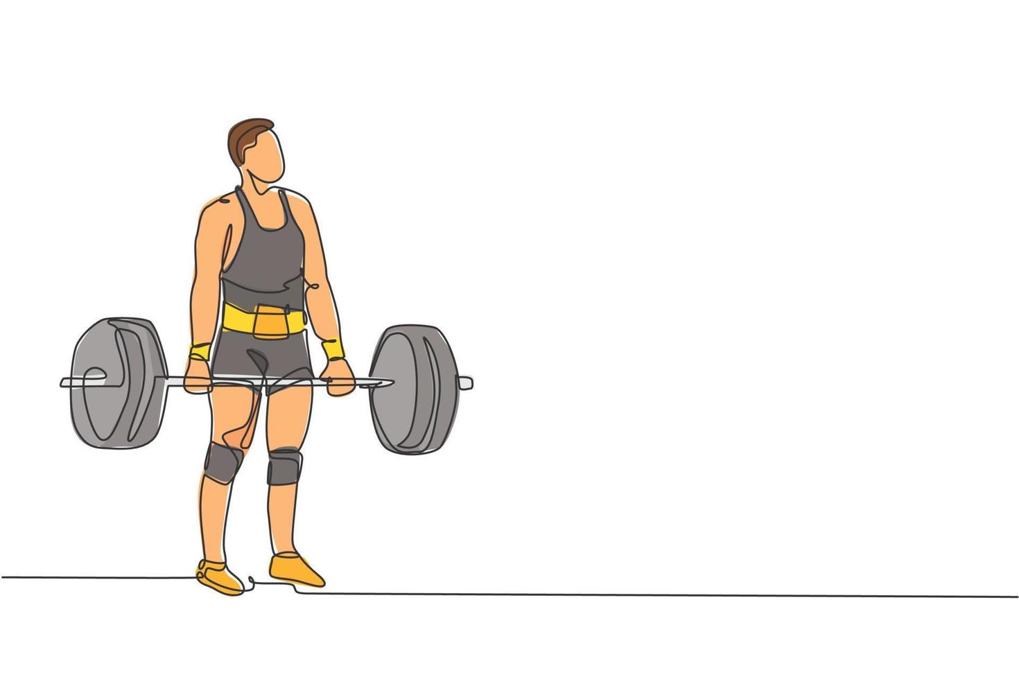 un dibujo de una sola línea de un joven atleta musculoso levantando pesas haciendo ejercicio en una ilustración vectorial de gimnasio. levantador de pesas preparándose para el concepto de entrenamiento. diseño moderno de dibujo de línea continua vector