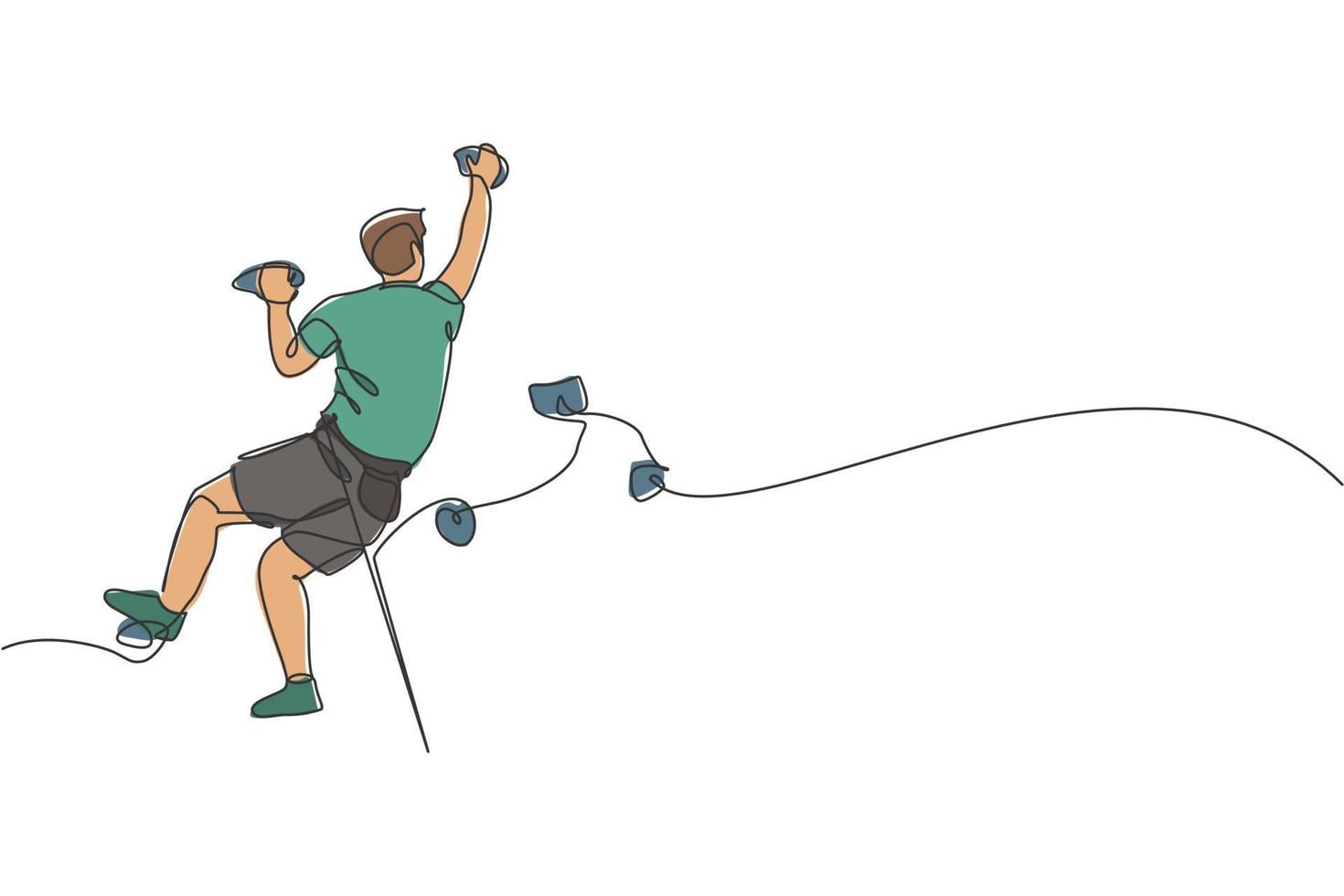 One continuous line drawing of young bravery climber man practice overhanging rock cliff mountain with safety rope. Dangerous extreme sport concept. Dynamic single line draw design vector illustration