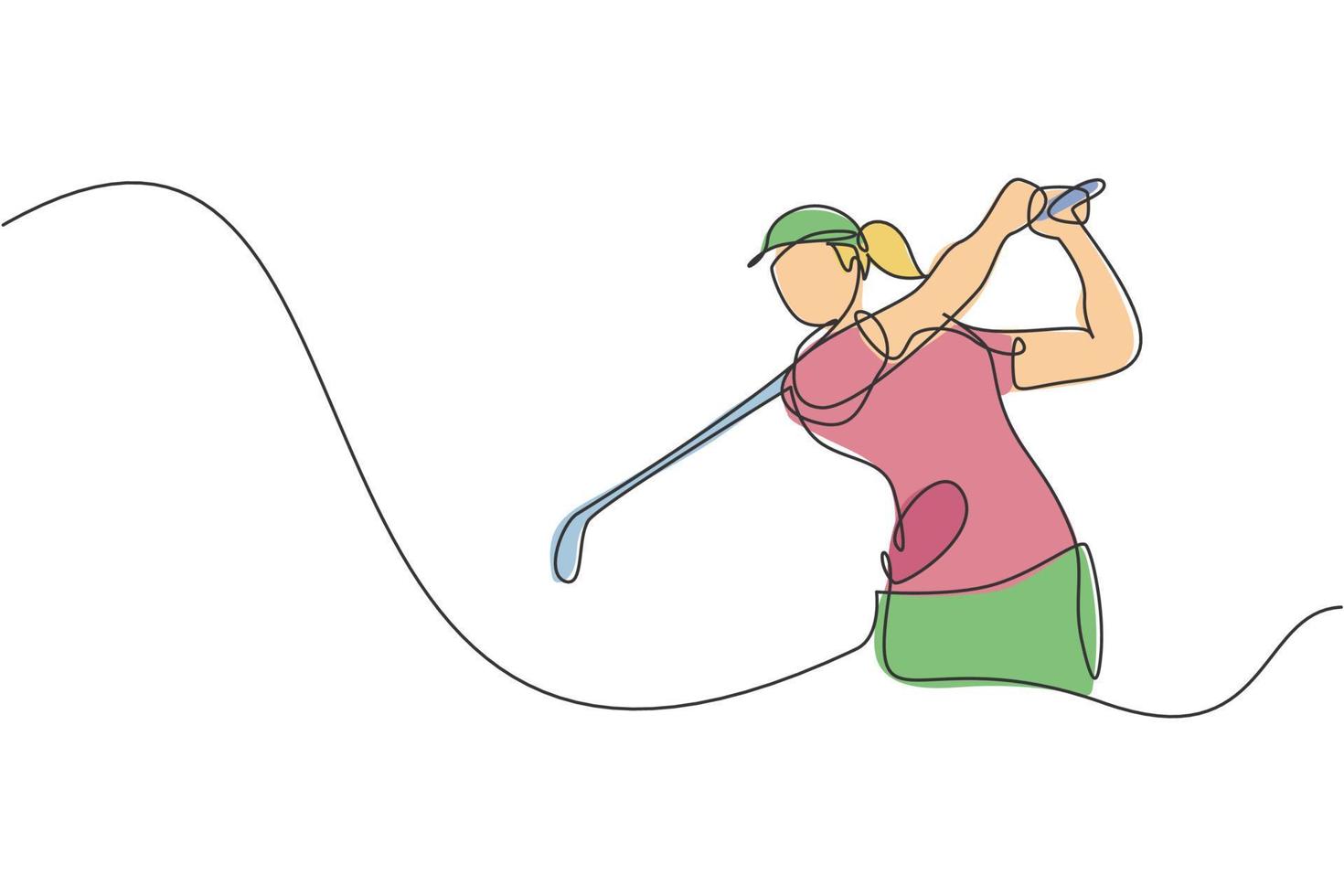 One single line drawing of young sporty golf player hit the ball using golf club graphic vector illustration. Healthy sport concept. Modern continuous line draw design for golf tournament poster