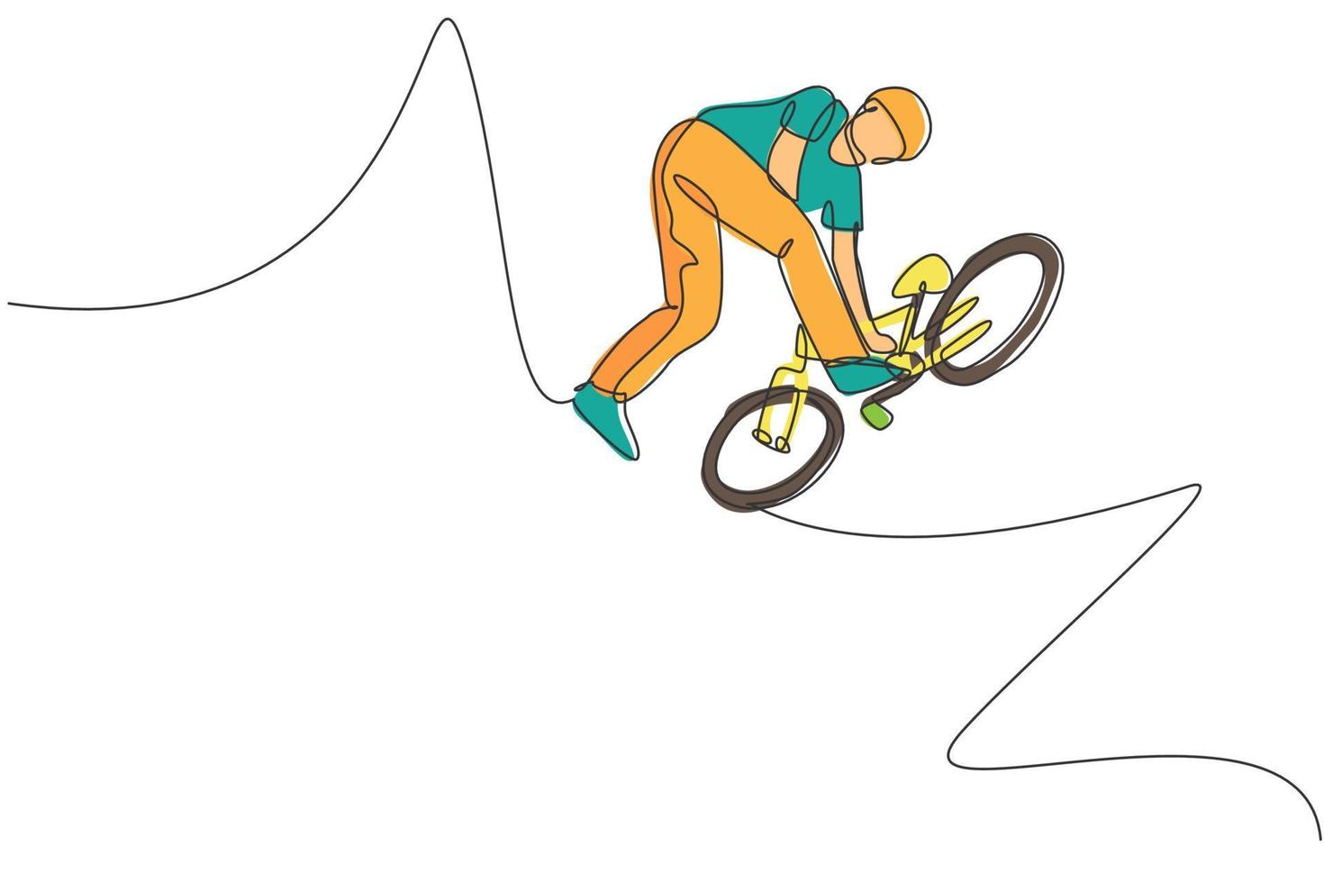 One single line drawing of young bmx bicycle rider do flying on the air trick at street vector illustration. Extreme sport concept. Modern continuous line draw design for freestyle competition banner