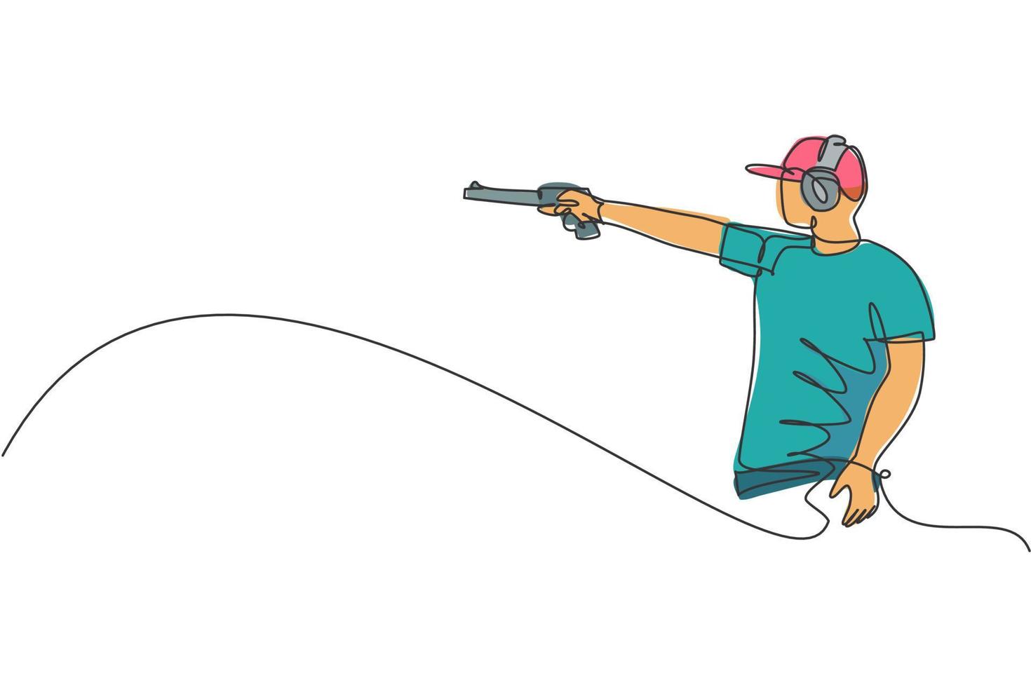 One single line drawing of young man practicing to shot target in range on shooting training ground vector illustration graphic. Clay pigeon shooting sport concept. Modern continuous line draw design