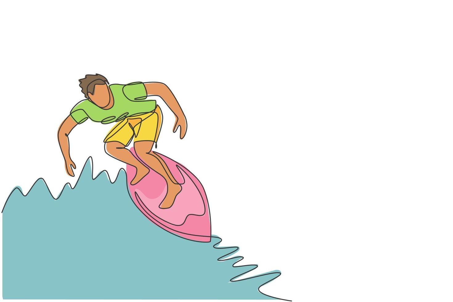 un dibujo de una sola línea de un joven surfista deportivo montado en un barril de grandes olas en la ilustración vectorial del paraíso de la playa de surf. concepto de estilo de vida de deportes acuáticos extremos. diseño moderno de dibujo de línea continua vector