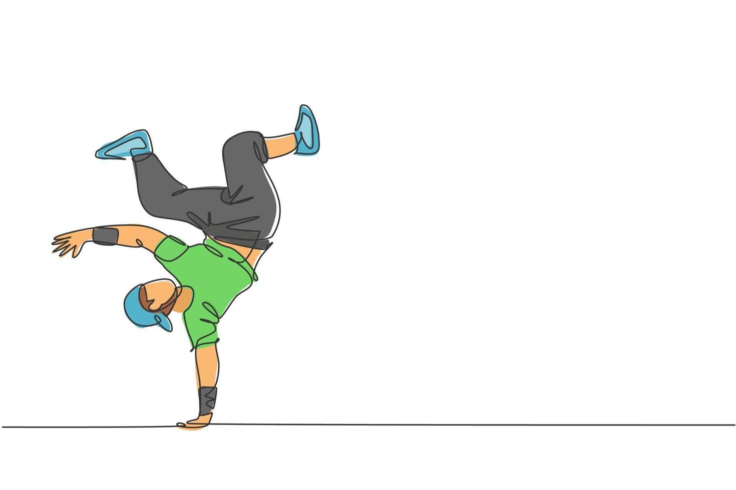 One continuous line drawing of young sporty break dancer man with casual shirt show hiphop dance style in the street. Urban lifestyle sport concept. Dynamic single line draw design vector illustration