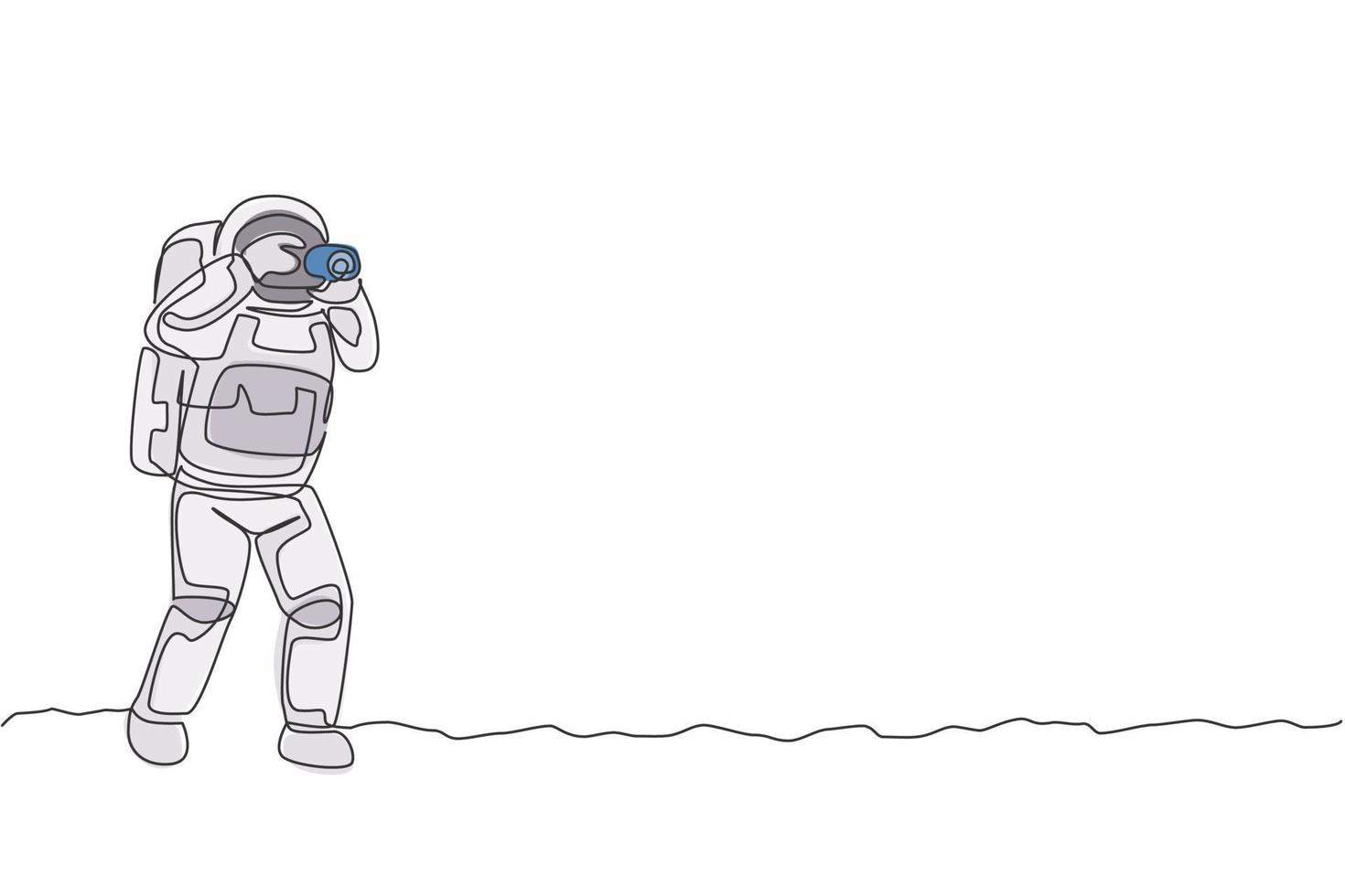 One continuous line drawing of astronaut doing photography with dslr camera in moon cosmic galaxy. Outer space hobby and lifestyle concept. Dynamic single line draw design vector graphic illustration