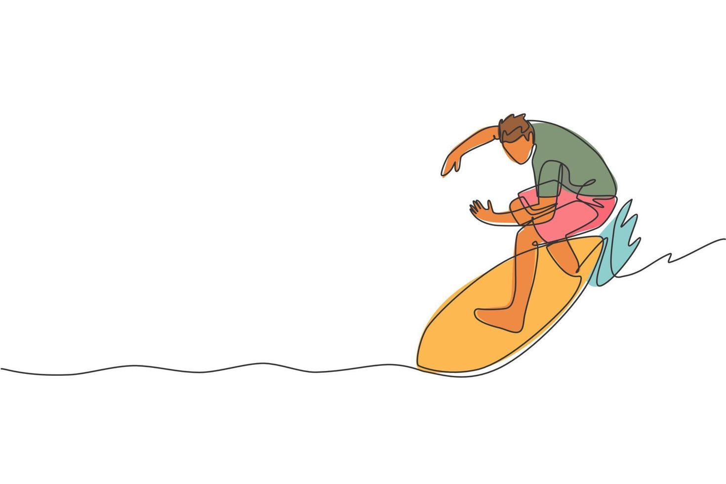 Single continuous line drawing young professional surfer in action riding the waves on blue ocean. Extreme watersport concept. Summer vacation. Trendy one line draw design vector graphic illustration