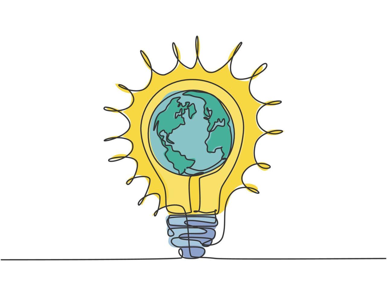 One continuous line drawing of sphere world globe inside bright shining lightbulb icon logo emblem. Creative symbol logotype template concept. Modern single line draw design graphic illustration vector