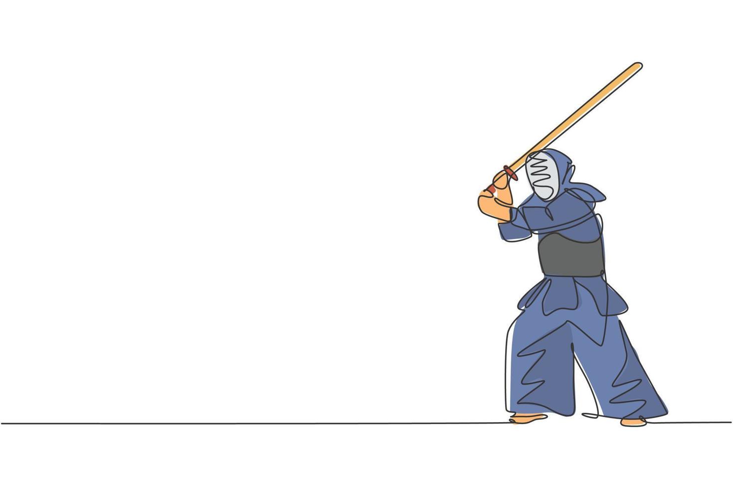 un dibujo de línea continua de un joven deportista entrenando la postura de kendo para la habilidad de lucha en el centro de dojo. concepto de deporte de arte marcial saludable. Ilustración gráfica de vector de diseño de dibujo de línea única dinámica