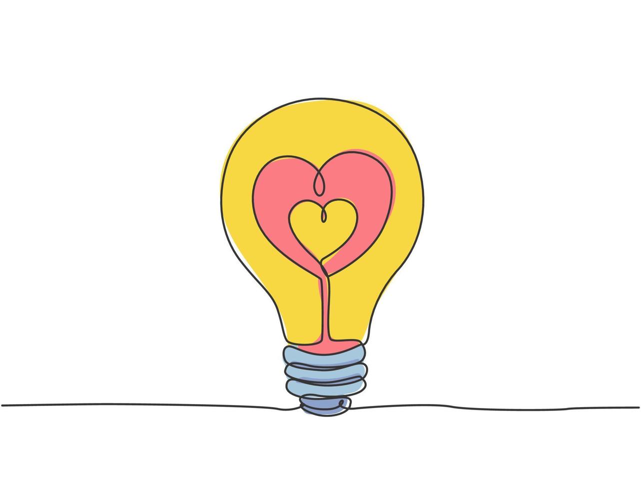 dibujo de línea continua única de bombilla con amor en forma de corazón para la etiqueta del logotipo de la empresa Cupido. concepto de plantilla de símbolo de logotipo romántico de energía. Ilustración de vector gráfico de dibujo dinámico de una línea