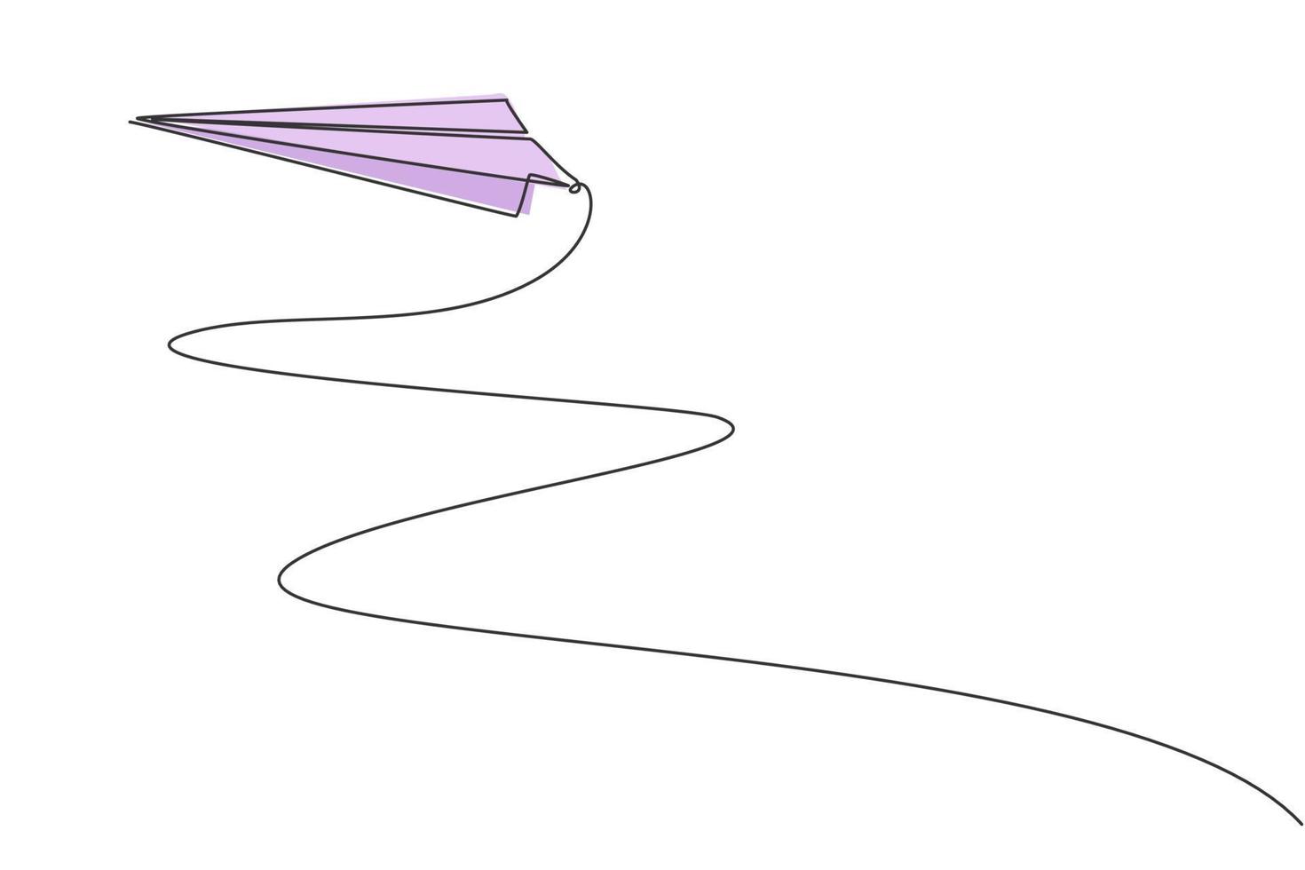 Continuous one line drawing of paper airplane flying up to the sky on white background. Paper aero plane origami concept. Kids toy trendy single line draw design vector graphic illustration