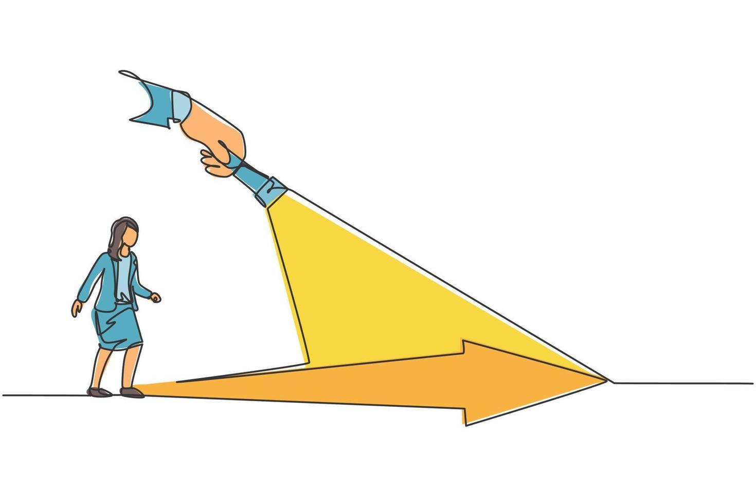 Continuous one line drawing of young female worker walking confidence under arrow light. Success business manager goal minimalist concept. Trendy single line draw design vector graphic illustration