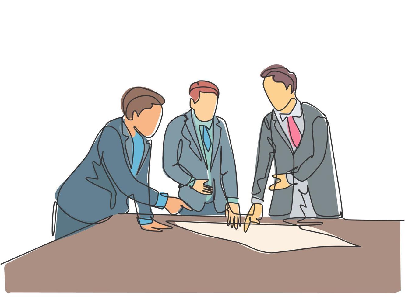 Single continuous line drawing of young workers talking seriously about company policy around the table. Office employee life discussion concept. One line draw design graphic vector illustration