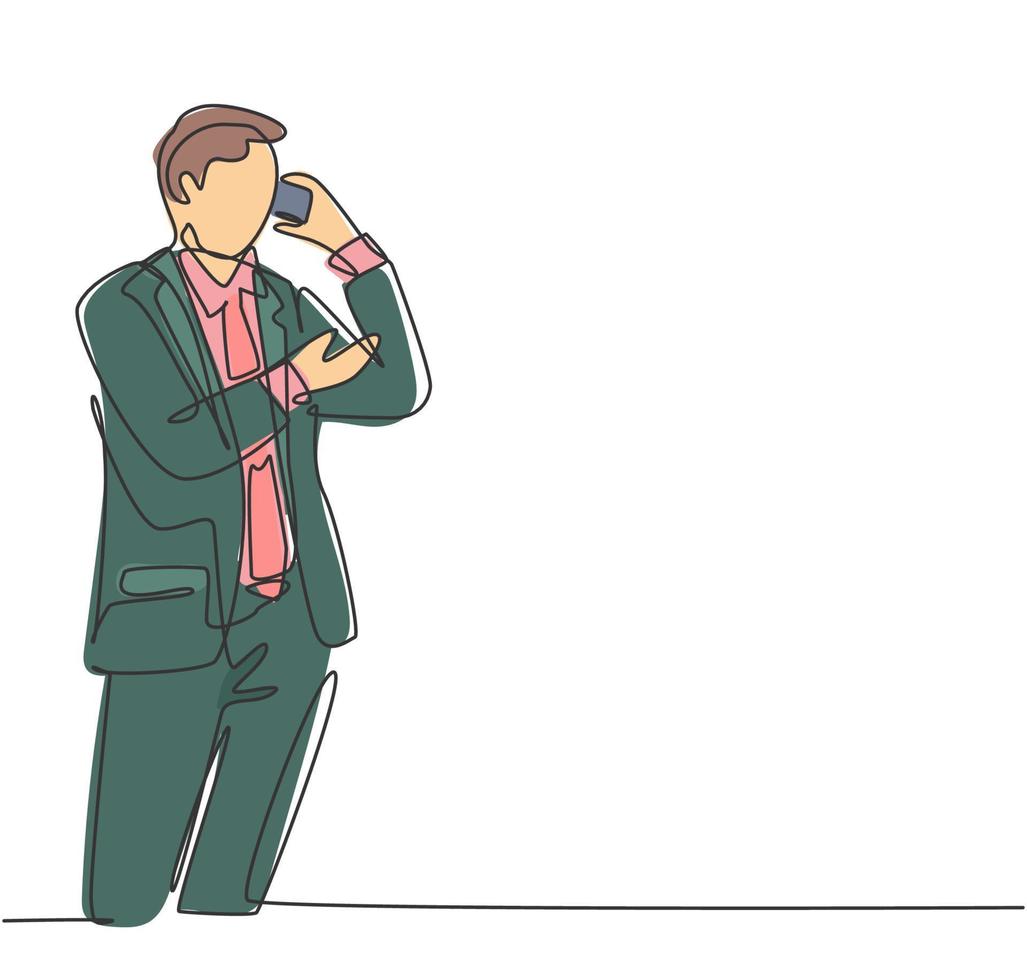 Single continuous line drawing of young startup CEO standing and holding a  smartphone to call colleague asking for business agreement. Business chat  concept one line draw design vector illustration 20600348 Vector Art