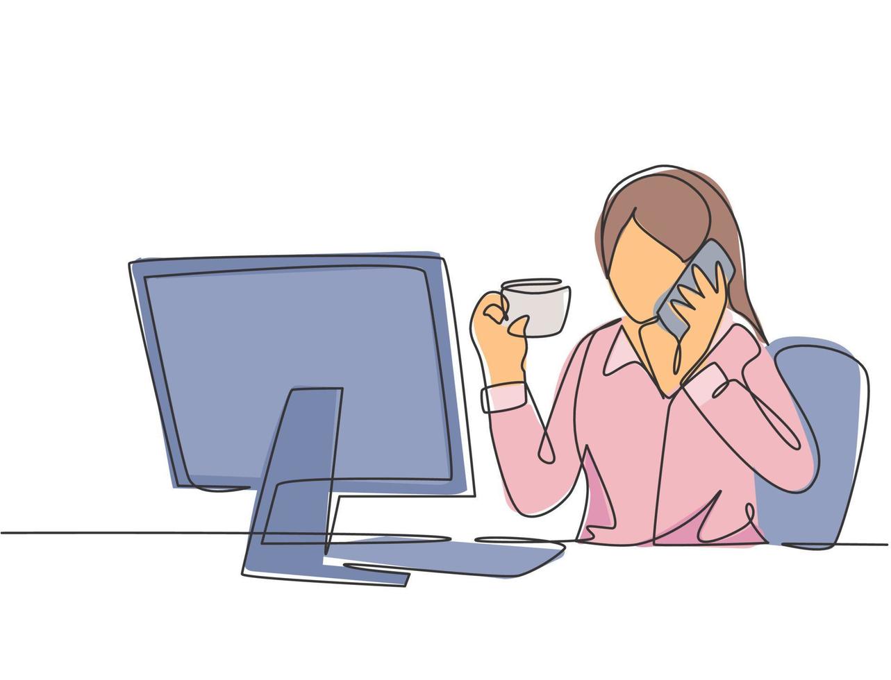 One continuous line drawing of young female employee drinking a cup of coffee and calling her friend using cellphone at the office. Phone talk concept single line draw design vector illustration