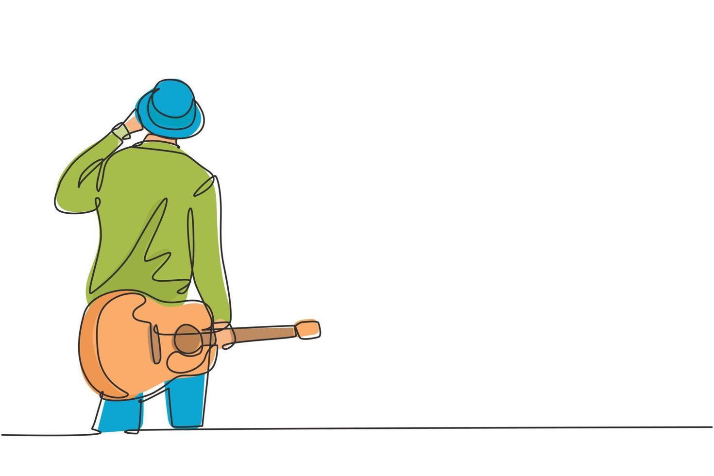 un dibujo de línea continua de un joven guitarrista masculino feliz con sombrero y sosteniendo una guitarra acústica en su mano. Concepto de artista músico moderno dibujo de línea única diseño gráfico ilustración vectorial vector