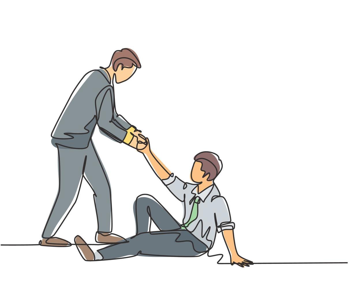 One single line drawing of young happy business man helping his bankrupt partner who lay down on the ground to support to rise up. Teamwork concept continuous line draw design vector illustration