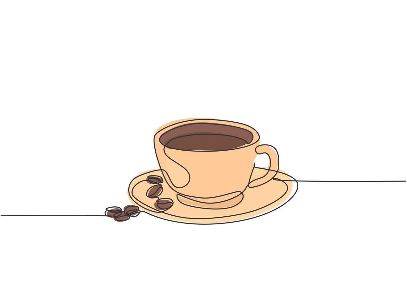 dibujo de línea continua única de una taza de bebida de café con granos de café en la mesa y posavasos de cerámica. exhibición del concepto de bebida de café para cafetería. ilustración de diseño de dibujo de una línea vector