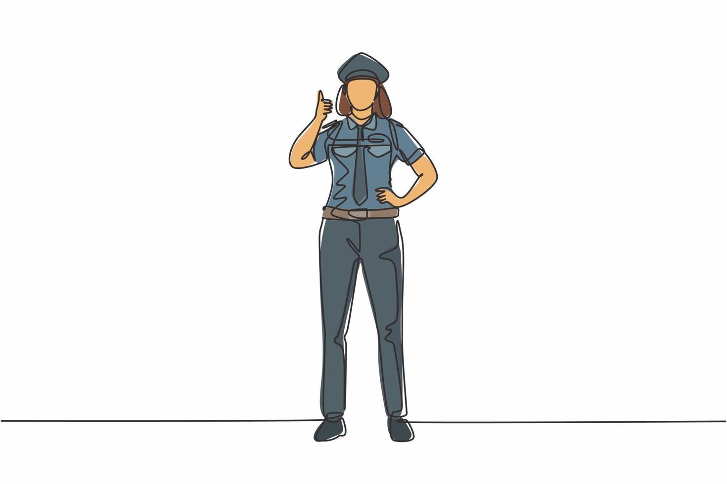 Single continuous line drawing woman pilot stands with a thumbs-up gesture and uniform serves airplane passengers fly to their destination. Dynamic one line draw graphic design vector illustration.