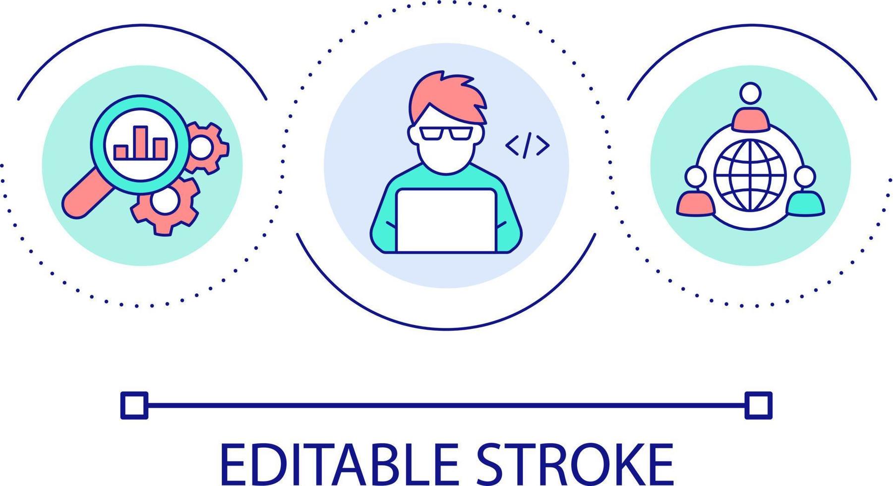 Programmer analyst loop concept icon. Network developer abstract idea thin line illustration. Computer engineering. Source code management. Isolated outline drawing. Editable stroke vector