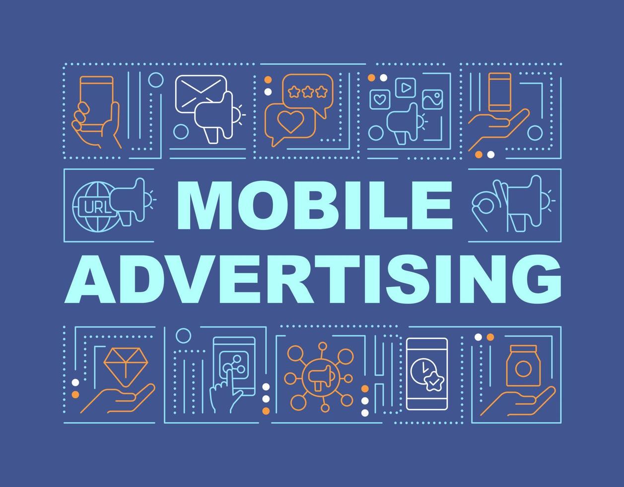 Advertising via mobile phones word concepts dark blue banner. Infographics with editable icons on color background. Isolated typography. Vector illustration with text